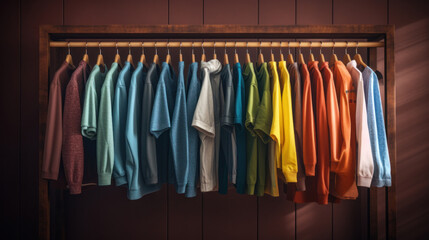 Colorful clothes hanging on rack on dark background.