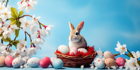Easter composition with rabbit and colorful eggs in a wicker basket and retro festive decoration on blue background