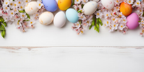 Naklejka na ściany i meble Colorful Easter eggs with spring blossom flowers over white wooden background