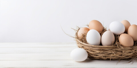 Easter pastel eggs in a decorative nest on a light wooden background