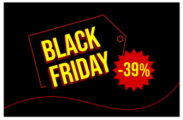 Black Friday Promotional Banner Design Vector Template with 39% off text and Sale Badge. Big Sale.