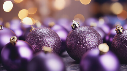 Christmas purple baubles closeup. Abstract holiday decor background