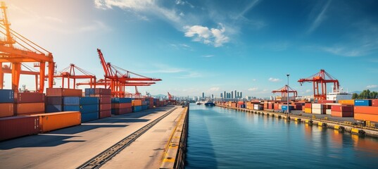 Container cargo port channel. Delivery global transport port business concept. Generative AI technology.