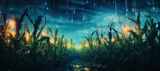 Fototapeta na wymiar Glow night corn farm. Generative AI technology.