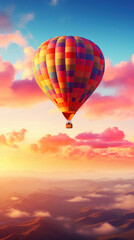 Fototapeta na wymiar Hot air balloon in horizon sky, morning sunlight