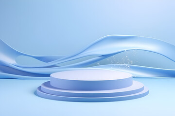 A 3D rendering of a blue cylindrical podium with two layers, set against a backdrop of a flowing blue wave and a light blue background. Small white particles are falling from the wave.