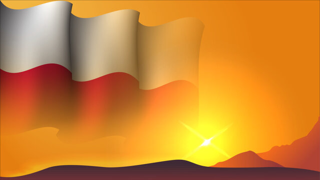 poland waving flag concept background design with sunset view on the hill vector illustration
