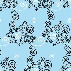 Swirls ornament. Dainty hand drawn geometric seamless pattern. Black and white spirals on light blue background