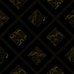 Abstract geometric seanless pattern. Gold and black retro design. Square, diamond, rhombus tiles textured with curves and swirls