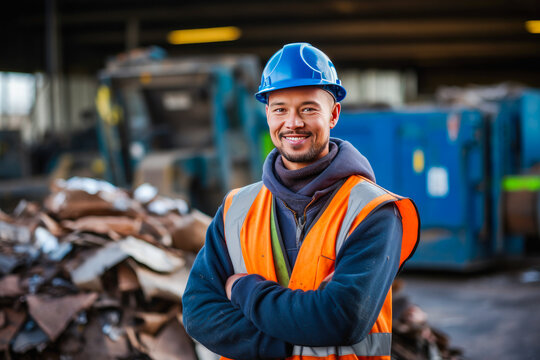 Recycling center worker posing in front of a pile of scrap