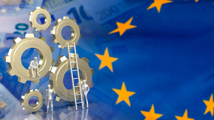 The Business man and gear group on Euro flag Background 3d rendering © niphon