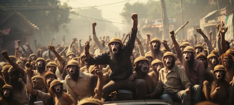 Group of monkey workers at street protest for good salary. Generative AI technology.