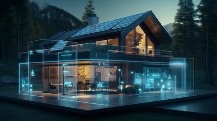 Green energy efficient smart house. Luxury home with solar panels.