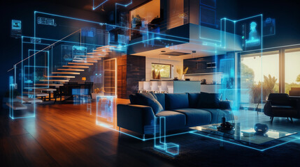Green energy efficient smart house interior. High tech design holograms.