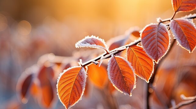 On a chilly morning, a photograph of the edges of leaves kissed by the first frost. The shimmering crystals contrast with the warm colors of the foliage. 