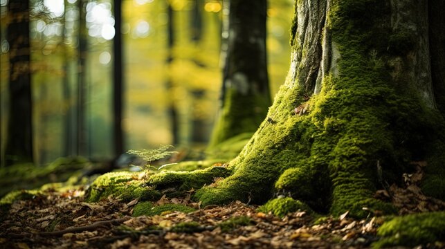 The base of an aged tree trunk or tree, carpeted in rich green moss, stands prominently against a backdrop of golden autumn leaves scattered on the forest floor.