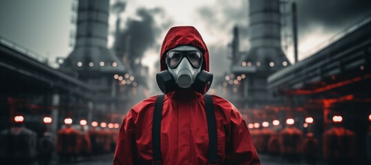 Red coat scientist at chemical factory. Generative AI technology.	
 - obrazy, fototapety, plakaty