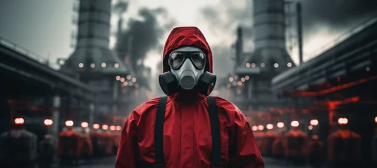 Tuinposter Red coat scientist at chemical factory. Generative AI technology.   © Hero Design