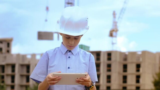 Young Foreman: Boy on Construction Site with Tablet, Overseeing Building Process, Child as Construction Worker