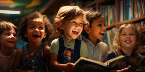 kindergarten students laughing in a library, reading books, back to school