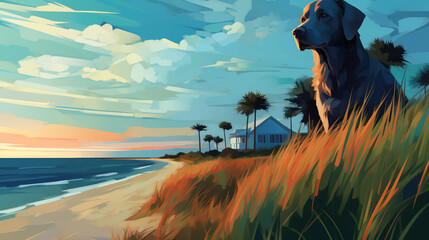 Dog - beach house - illustration - ocean - low angle shot  - obrazy, fototapety, plakaty