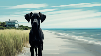 Dog - beach - close-up - blue skies - ocean - white sands 