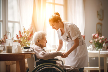 Young nurse assisting a senior woman a wheelchair in a nursing home
