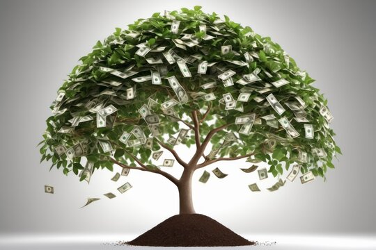 money tree growing on a pile of coins