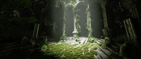3D illustration rendering. Dark old ruined sanctuary