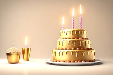 Golden Birthday Cartoon Dessert Tiered Cake with Candles on a white background