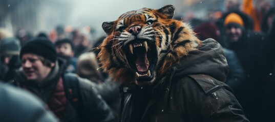 Fototapeta na wymiar A man wearing tiger mask on crowd protest anti government movement. Generative AI technology.