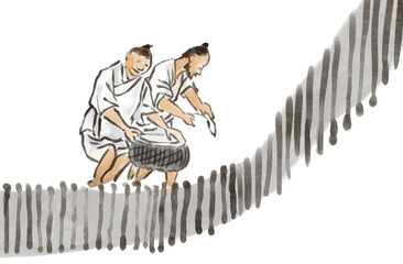 Korean traditional painting illustration, kimhongdo artist. fish trap