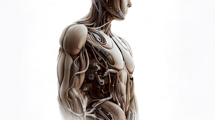 Fototapeta premium Artificial Intelligence Robotics · How Evolution of AI will Change Humanity · Biomorphic Android with Human Anatomy & Technical Improvements · Future of Technology