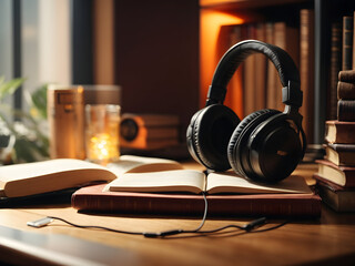 Old books and headphone on the table on room background. audiobook concept. 