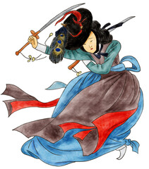 Korean traditional painting illustration, artist shinyoonbok. woman dancing sword dance