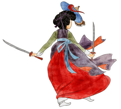 Korean Traditional Painting Illustration, Artist Shinyoonbok. Woman Dancing Sword Dance