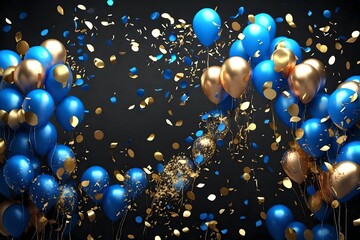 Against a dramatic black backdrop, a celebration came to life with an elegant display of blue and golden balloons. 