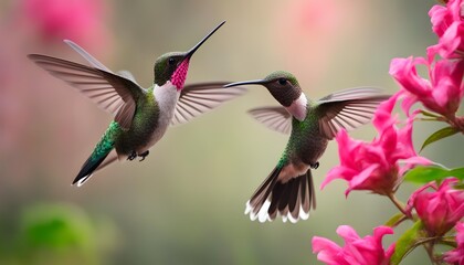 Hummingbird with pink flower flying next to beautiful pink bloom in the forest.