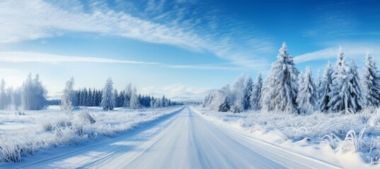 Snowy countryside road between the forest. Generative AI technology.