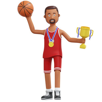 basketball pro player champion holding gold trophy 3d cartoon illustration