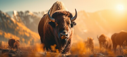 American bison at sunset field. Generative AI technology.