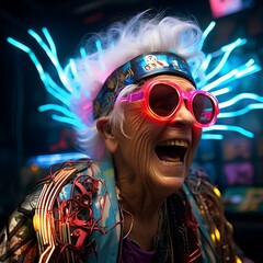 a white-haired grandmother wearing glasses who is laughing, against a background of neon lights