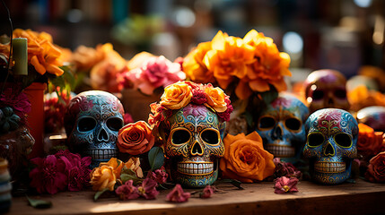 Cute altar of the dead, with skull heads, on the table, decorated with many colors and orange cempasuchil flowers, to celebrate the day of the dead, generative AI - obrazy, fototapety, plakaty