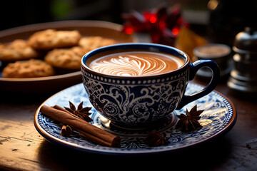 Blue cup, with delicious coffee with hot cinnamon, accompanied by a delicious snack of cookies, for a cold day, in winter, hot chocolate in the morning, generative AI