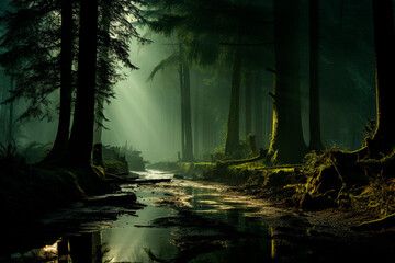 Dark gloomy forest, with some rays of sun entering through the tops of the green trees.