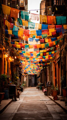 Vertical image of a street in a town, decorated with colored paper hanging from the houses