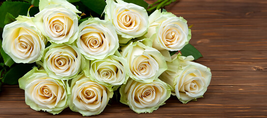 bouquet of white roses On a wooden background a wooden floor flowers represent love
