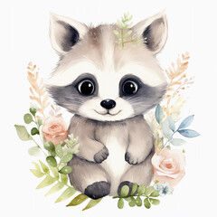 raccoon watercolour clip art white background 