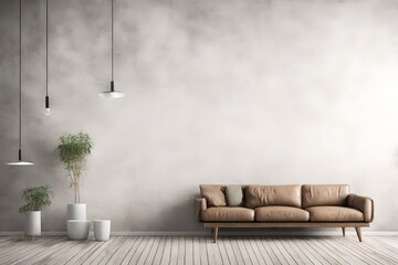 Concept of Beige sofa against white, empty wall with copy space in simple living room interior with lamp