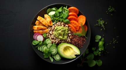 Red quinoa bowl with avocado, radishes, scallions, cherry tomatoes, chives and fresh basil. Top view. Copy space.